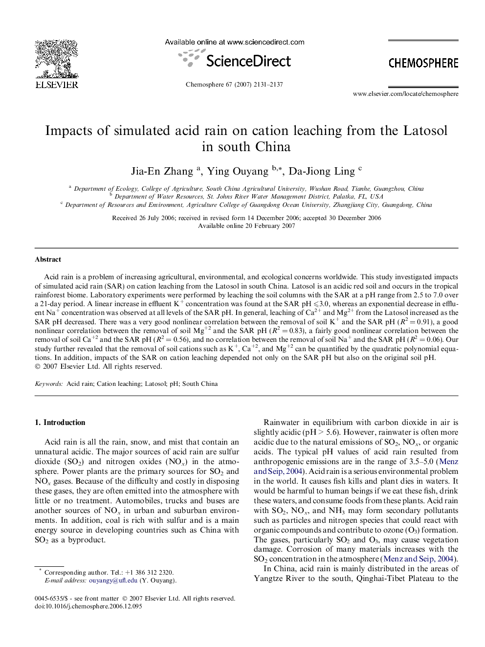 Impacts of simulated acid rain on cation leaching from the Latosol in south China