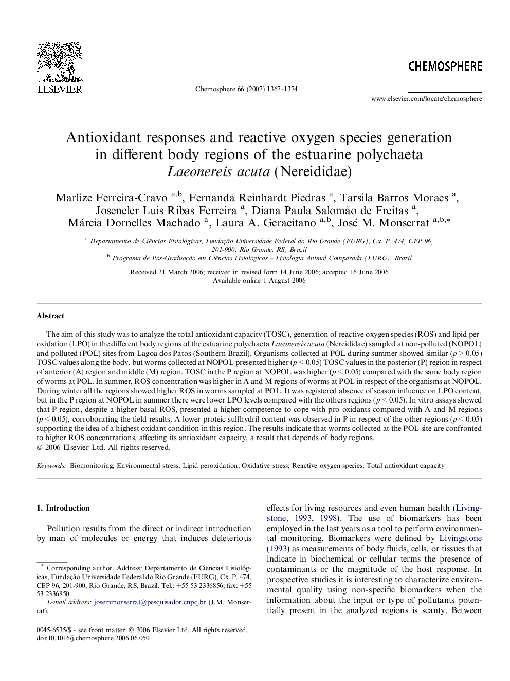Antioxidant responses and reactive oxygen species generation in different body regions of the estuarine polychaeta Laeonereis acuta (Nereididae)