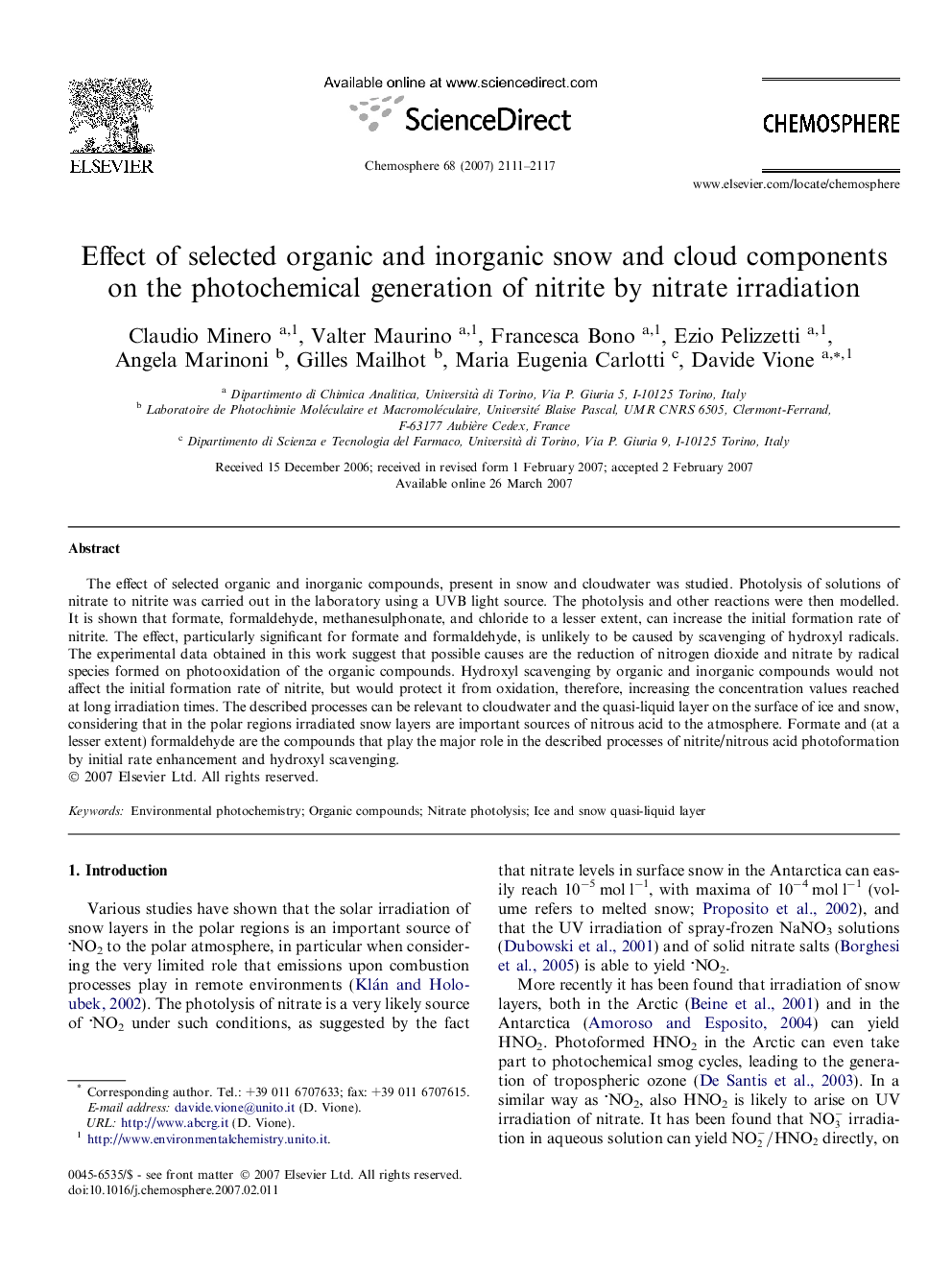 Effect of selected organic and inorganic snow and cloud components on the photochemical generation of nitrite by nitrate irradiation