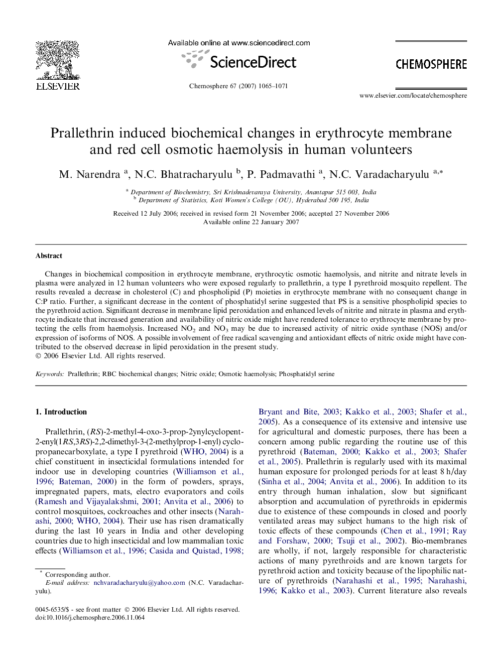 Prallethrin induced biochemical changes in erythrocyte membrane and red cell osmotic haemolysis in human volunteers