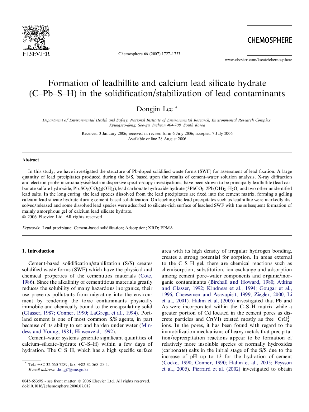 Formation of leadhillite and calcium lead silicate hydrate (C–Pb–S–H) in the solidification/stabilization of lead contaminants