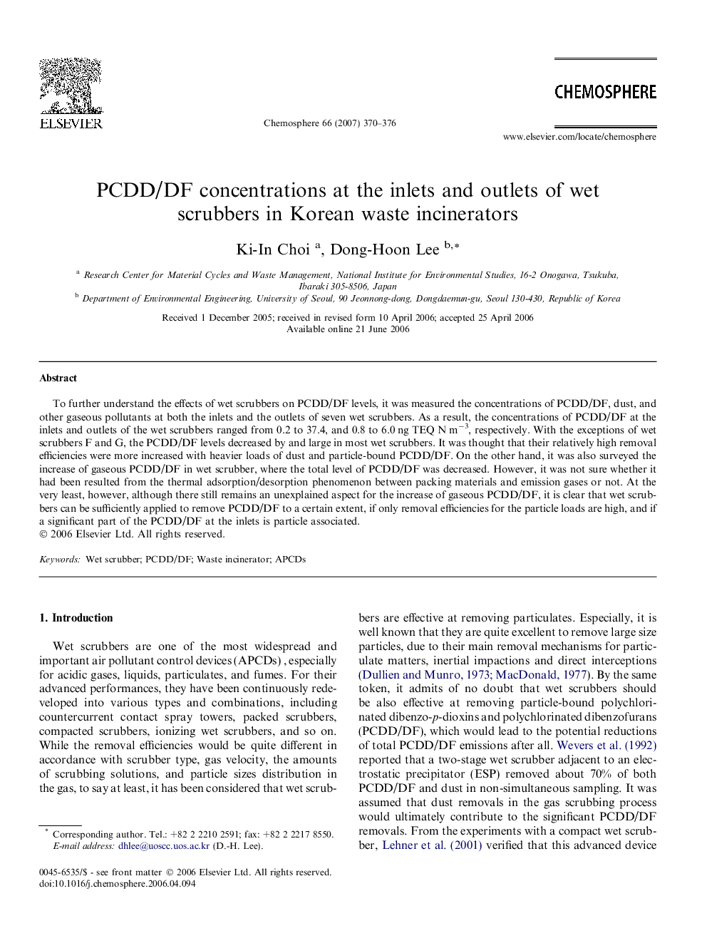 PCDD/DF concentrations at the inlets and outlets of wet scrubbers in Korean waste incinerators