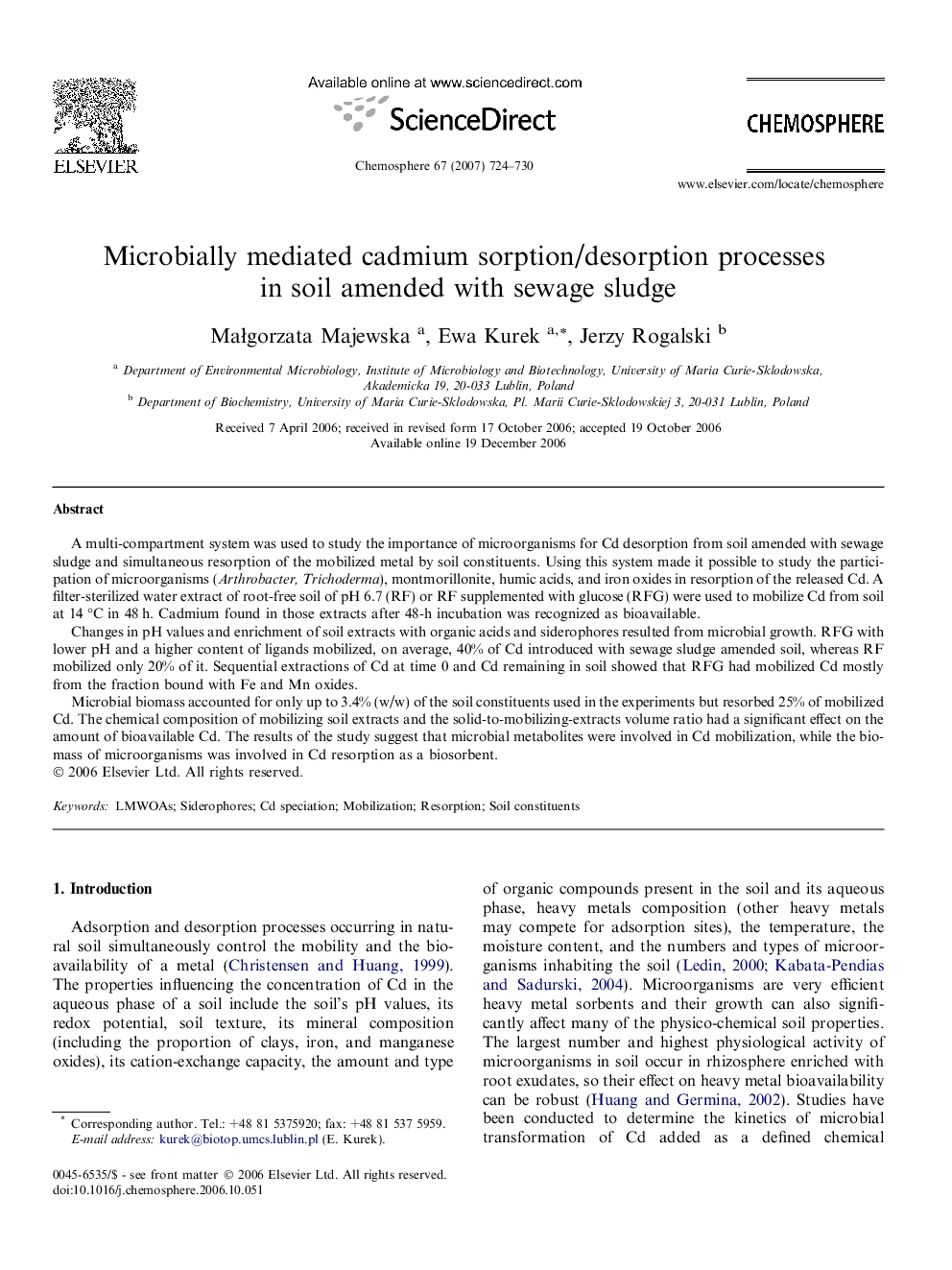 Microbially mediated cadmium sorption/desorption processes in soil amended with sewage sludge