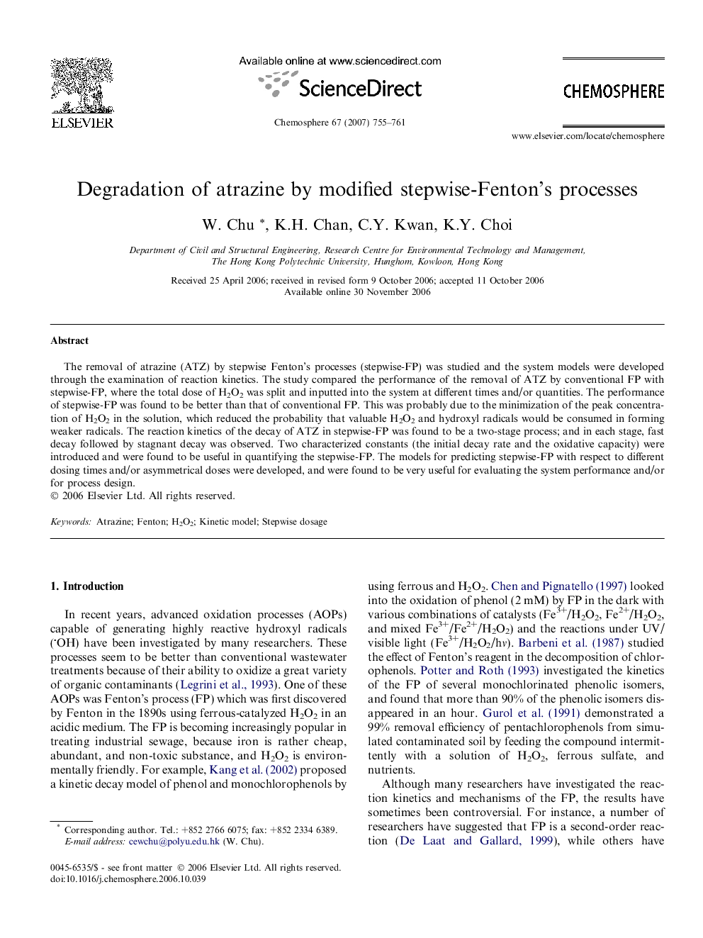 Degradation of atrazine by modified stepwise-Fenton’s processes