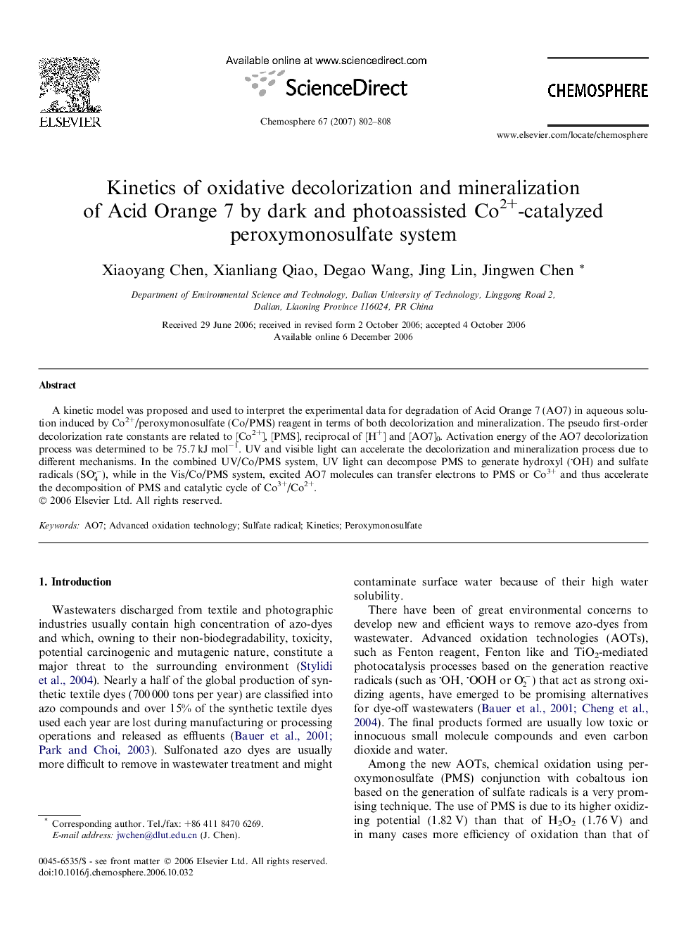 Kinetics of oxidative decolorization and mineralization of Acid Orange 7 by dark and photoassisted Co2+-catalyzed peroxymonosulfate system