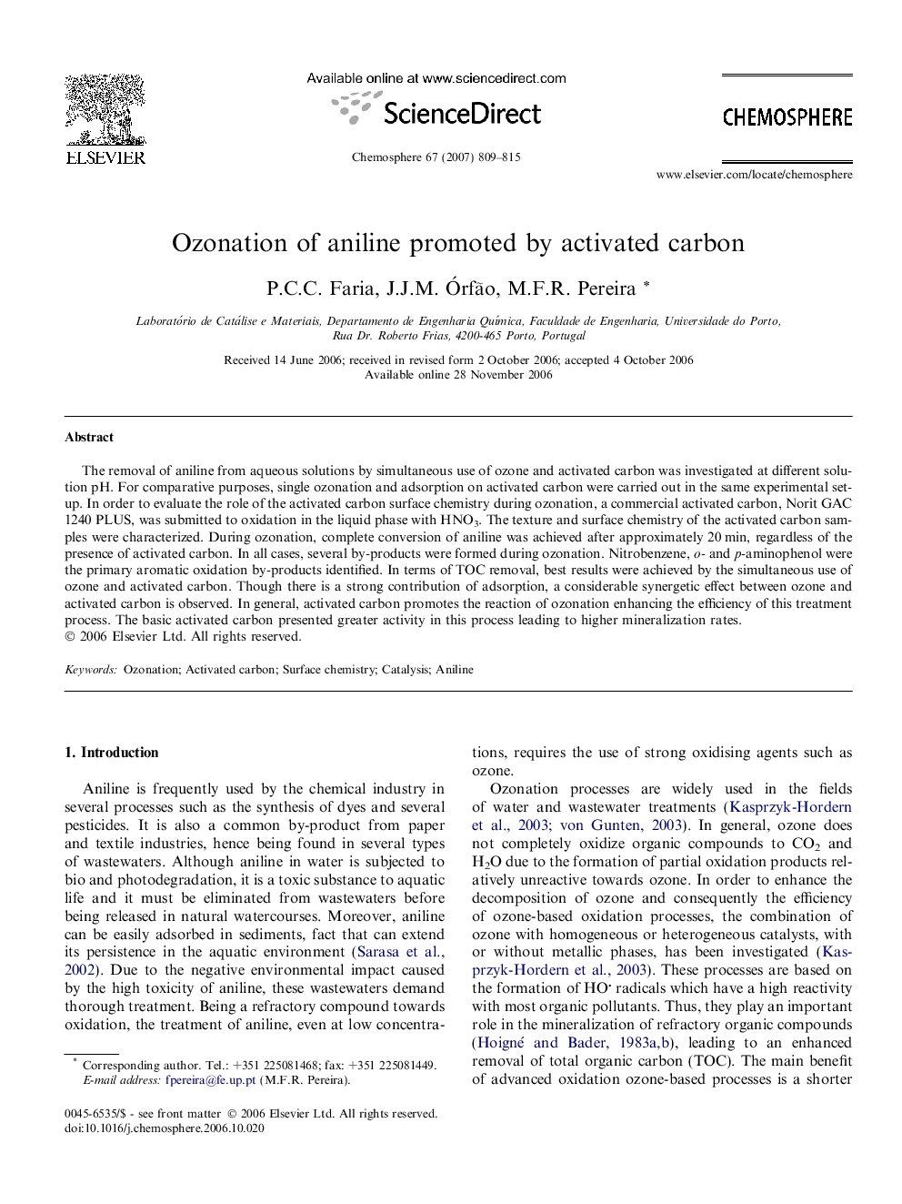 Ozonation of aniline promoted by activated carbon