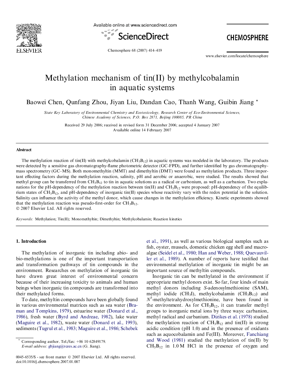 Methylation mechanism of tin(II) by methylcobalamin in aquatic systems