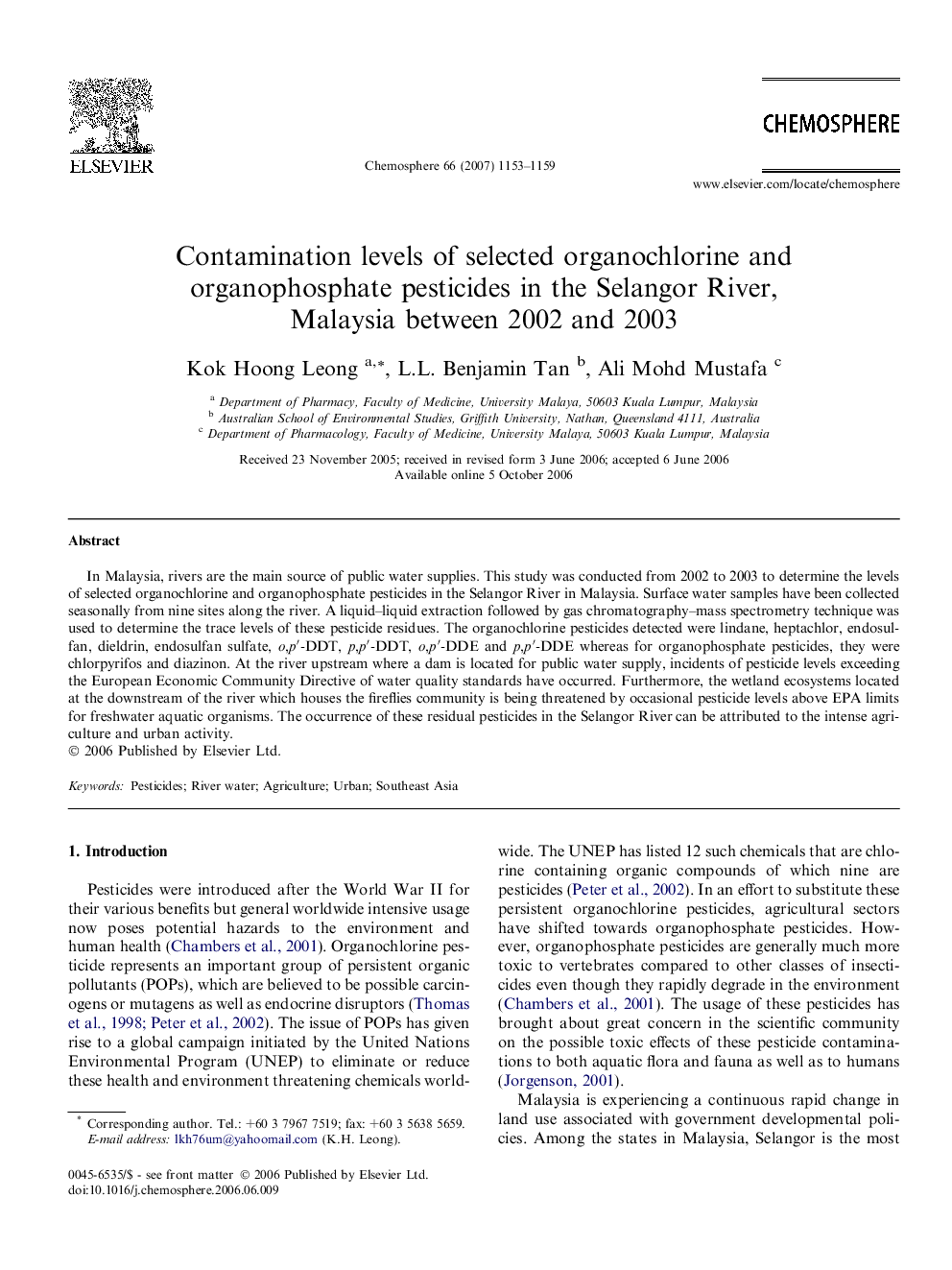 Contamination levels of selected organochlorine and organophosphate pesticides in the Selangor River, Malaysia between 2002 and 2003