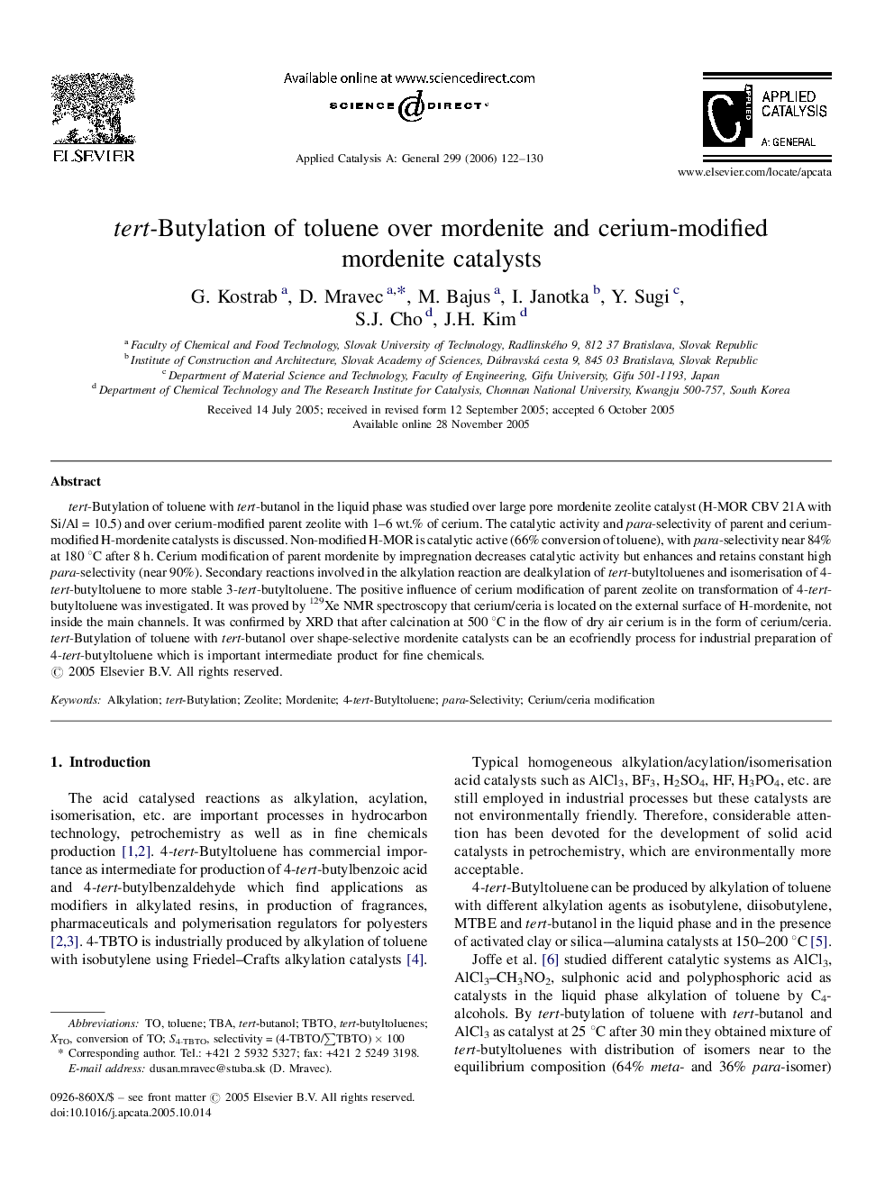 tert-Butylation of toluene over mordenite and cerium-modified mordenite catalysts