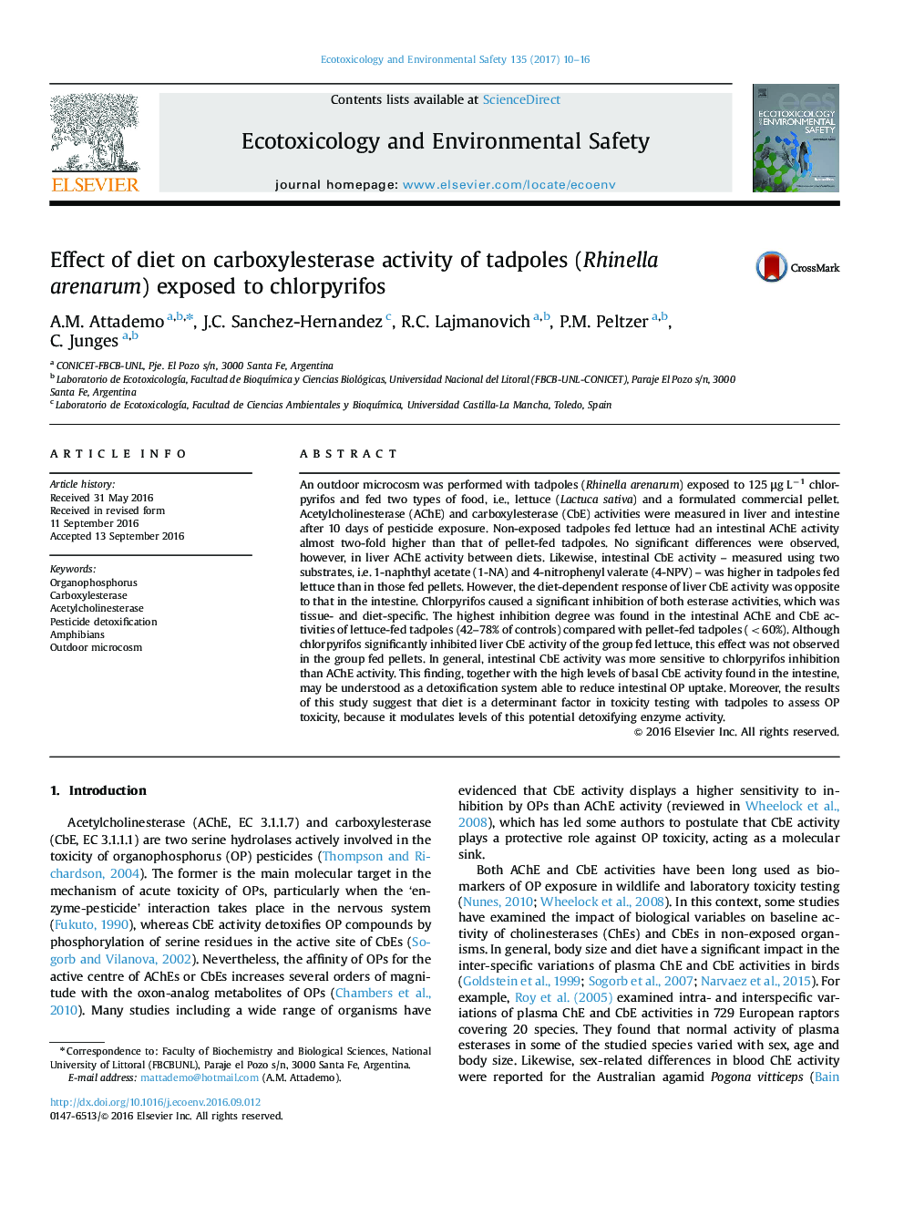 تاثیر رژیم غذایی بر فعالیت carboxylesterase بچه قورباغه (Rhinella arenarum) در معرض کلرپیریفوس