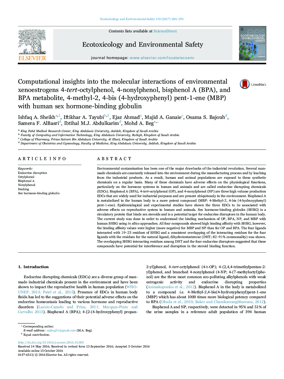 Computational insights into the molecular interactions of environmental xenoestrogens 4-tert-octylphenol, 4-nonylphenol, bisphenol A (BPA), and BPA metabolite, 4-methyl-2, 4-bis (4-hydroxyphenyl) pent-1-ene (MBP) with human sex hormone-binding globulin