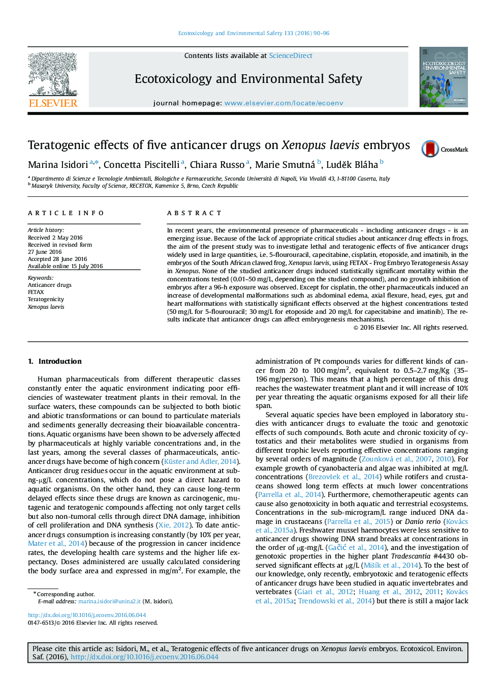 Teratogenic effects of five anticancer drugs on Xenopus laevis embryos
