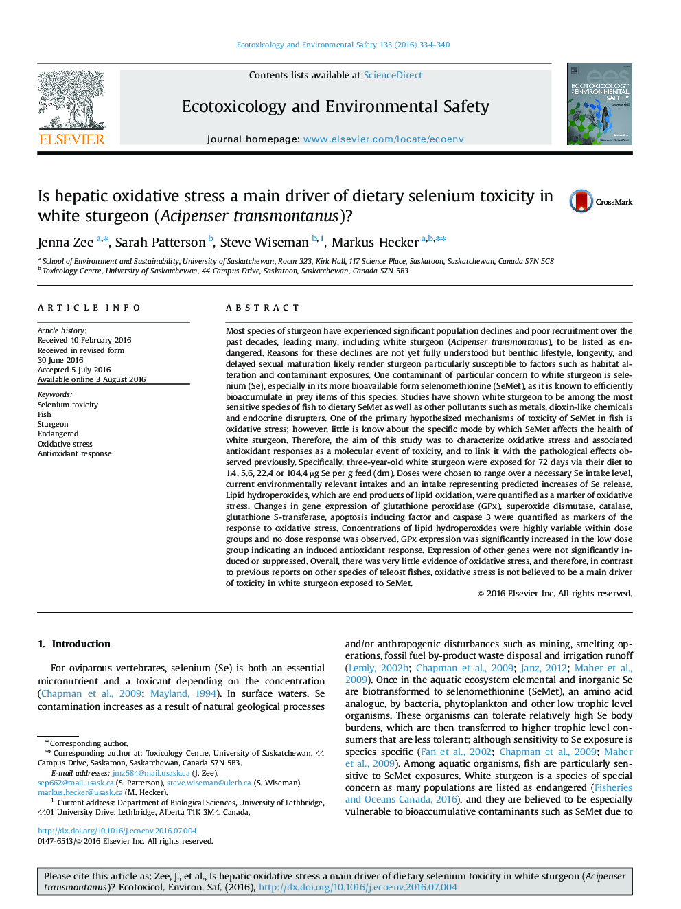 Is hepatic oxidative stress a main driver of dietary selenium toxicity in white sturgeon (Acipenser transmontanus)?