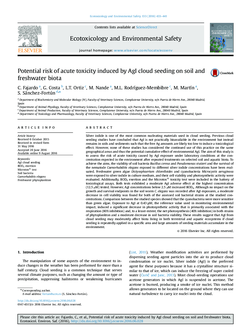 Potential risk of acute toxicity induced by AgI cloud seeding on soil and freshwater biota