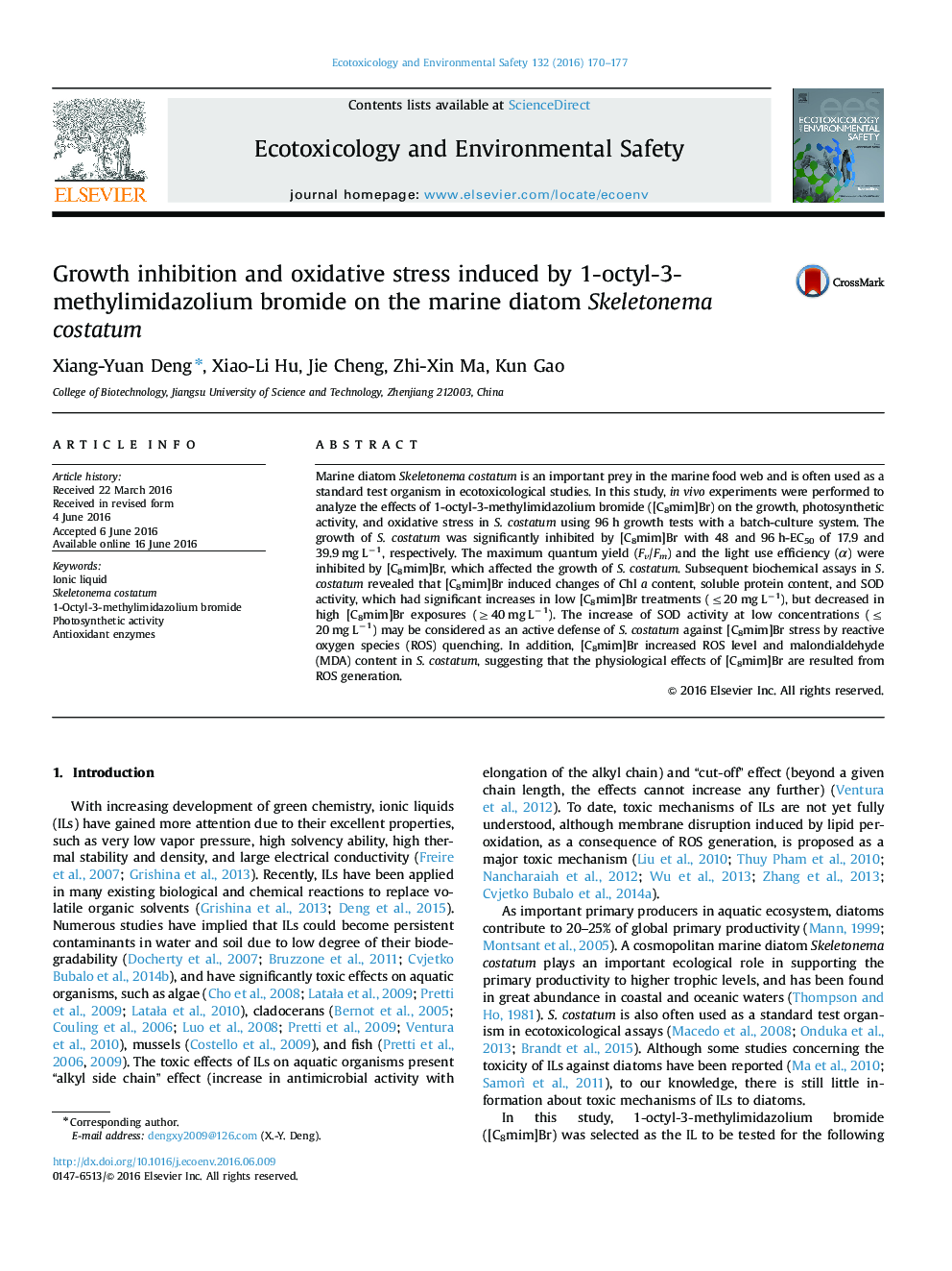 Growth inhibition and oxidative stress induced by 1-octyl-3-methylimidazolium bromide on the marine diatom Skeletonema costatum