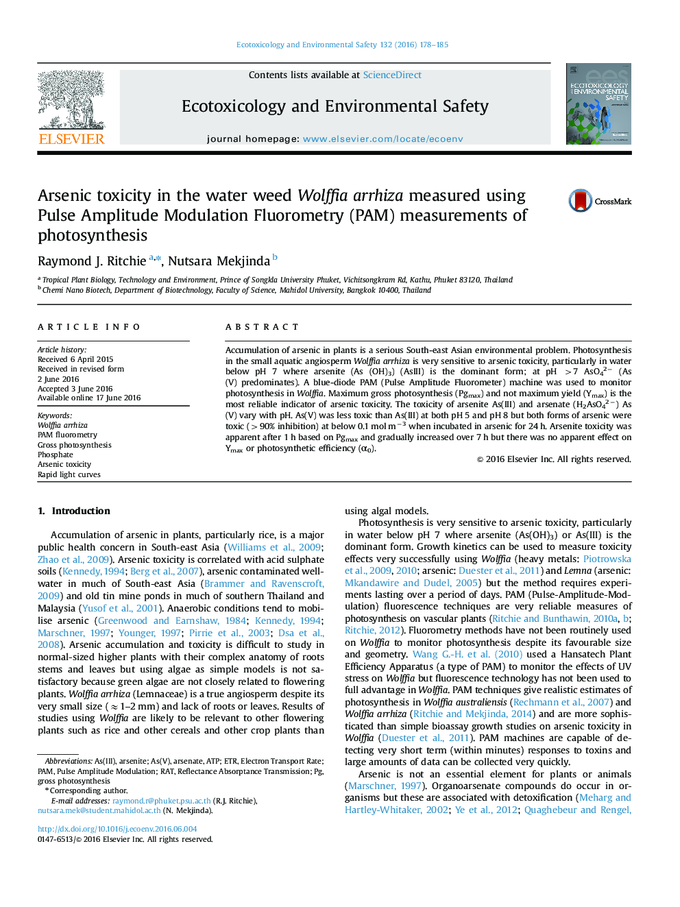 Arsenic toxicity in the water weed Wolffia arrhiza measured using Pulse Amplitude Modulation Fluorometry (PAM) measurements of photosynthesis
