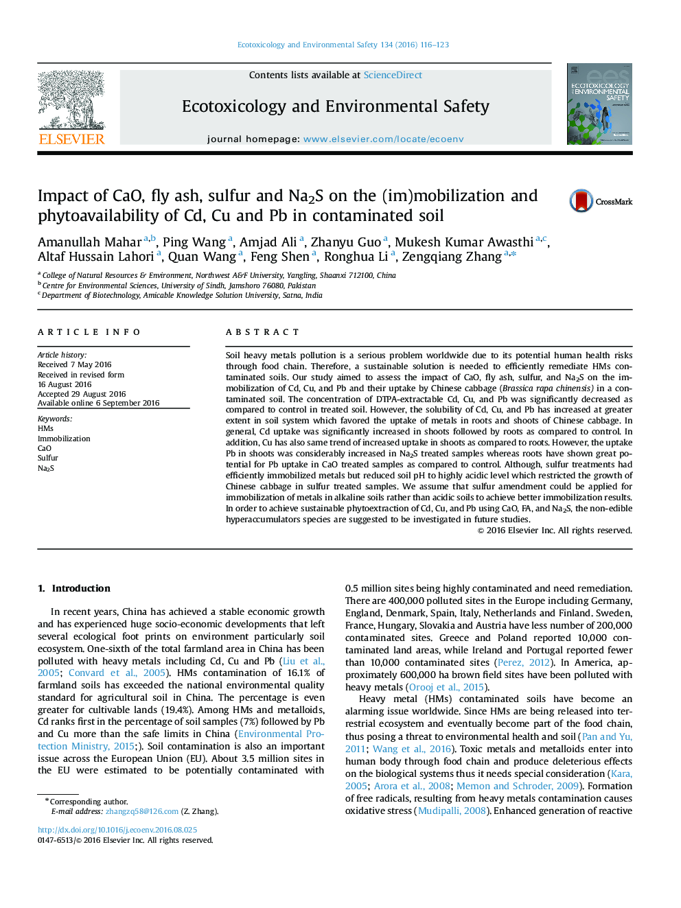 Impact of CaO, fly ash, sulfur and Na2S on the (im)mobilization and phytoavailability of Cd, Cu and Pb in contaminated soil