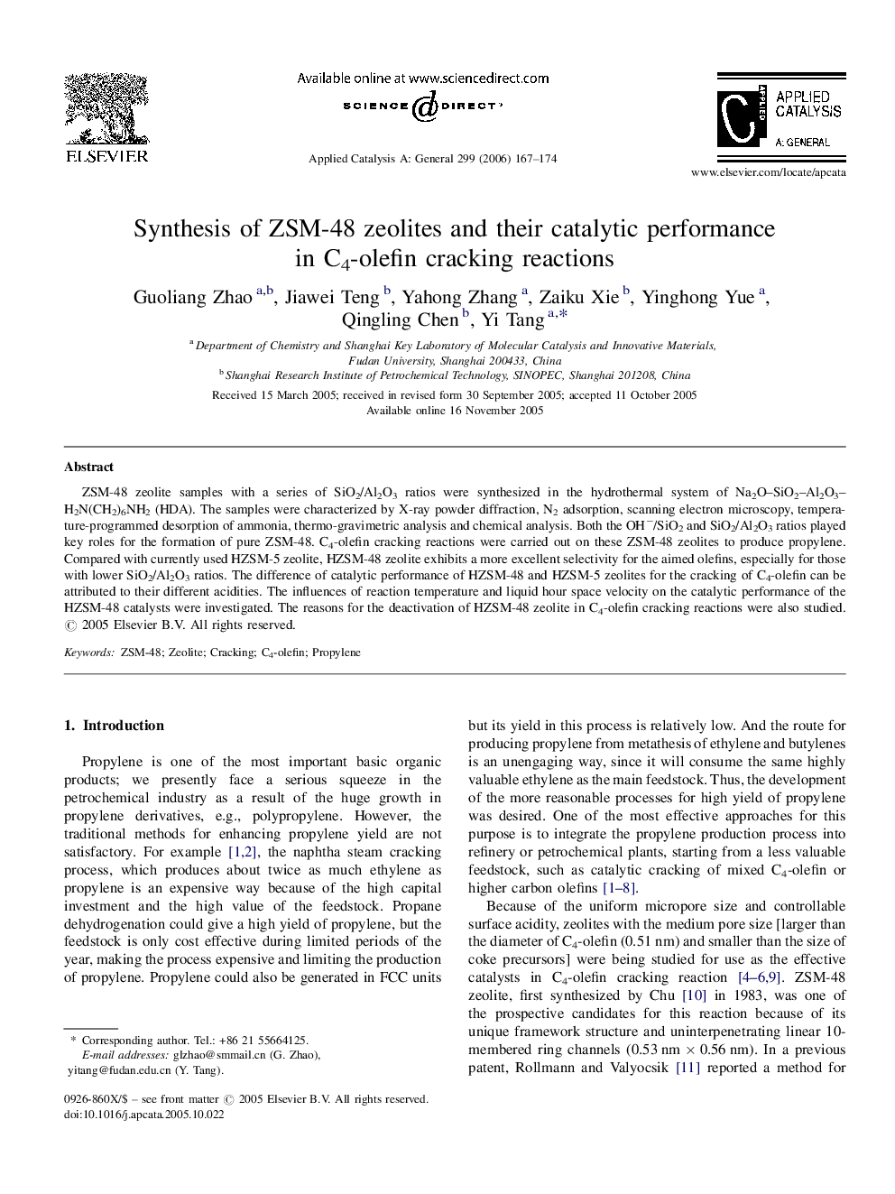 Synthesis of ZSM-48 zeolites and their catalytic performance in C4-olefin cracking reactions