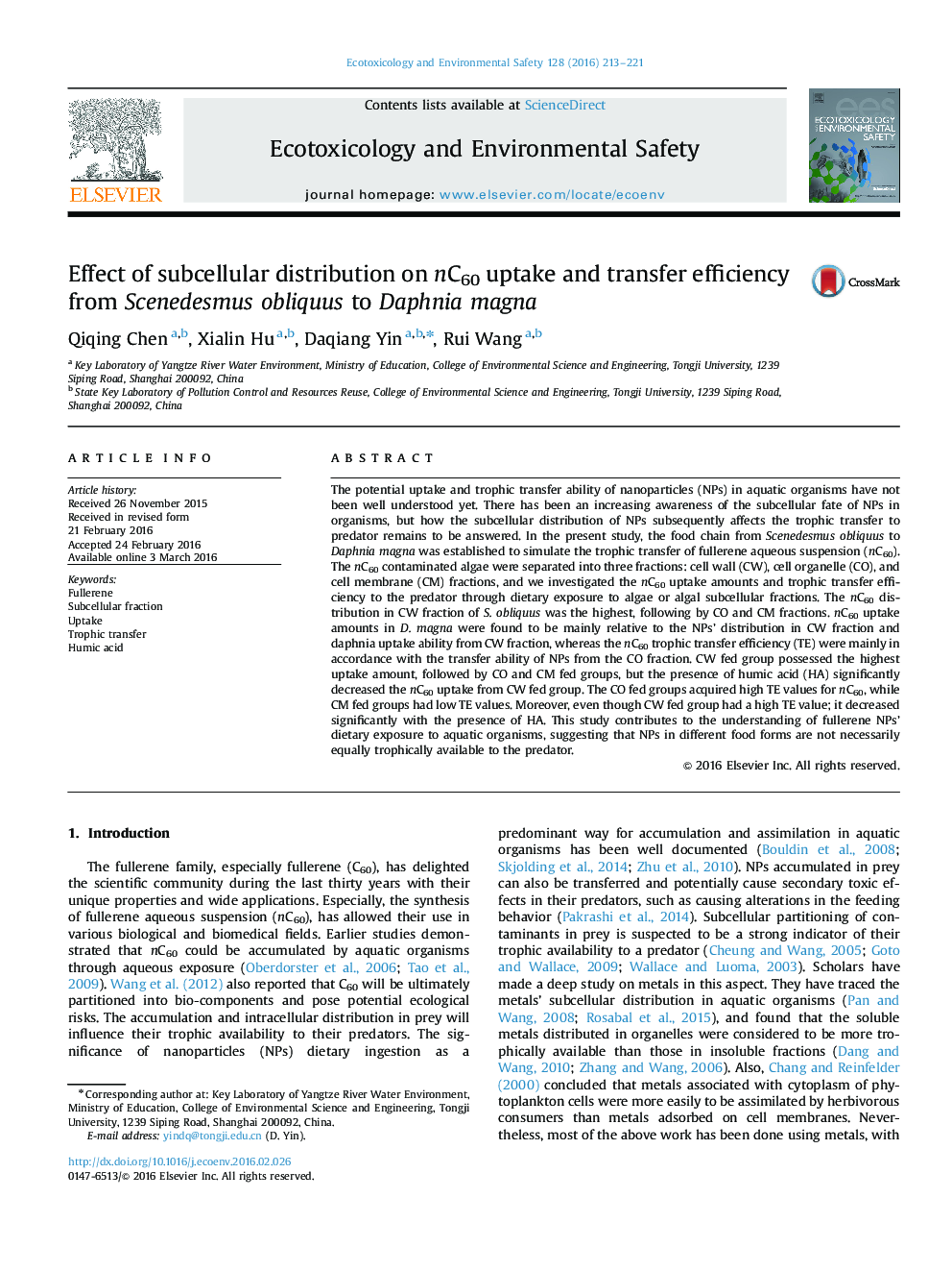 Effect of subcellular distribution on nC60 uptake and transfer efficiency from Scenedesmus obliquus to Daphnia magna