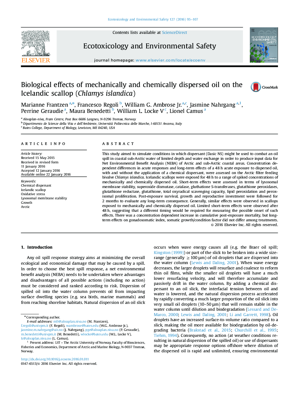 Biological effects of mechanically and chemically dispersed oil on the Icelandic scallop (Chlamys islandica)