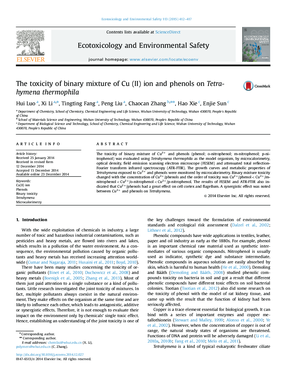 The toxicity of binary mixture of Cu (II) ion and phenols on Tetrahymena thermophila