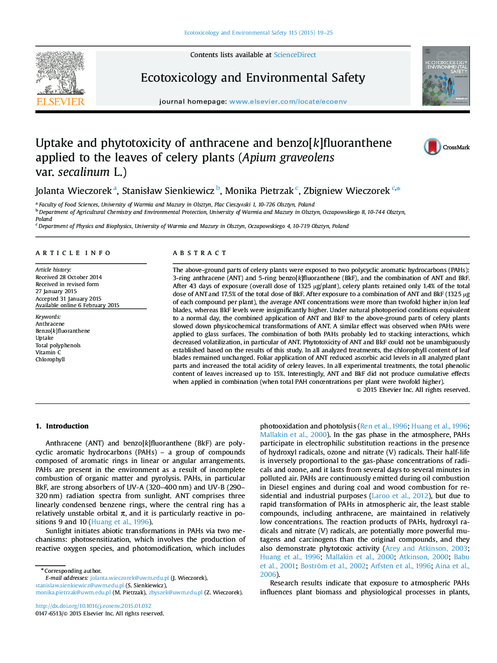 Uptake and phytotoxicity of anthracene and benzo[k]fluoranthene applied to the leaves of celery plants (Apium graveolens var. secalinum L.)