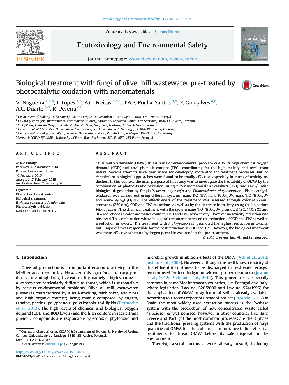 درمان بیولوژیکی با قارچ های فاضلاب آسیاب زیتون پیش از درمان با اکسیداسیون فتوکاتالیتی با استفاده از نانومواد 