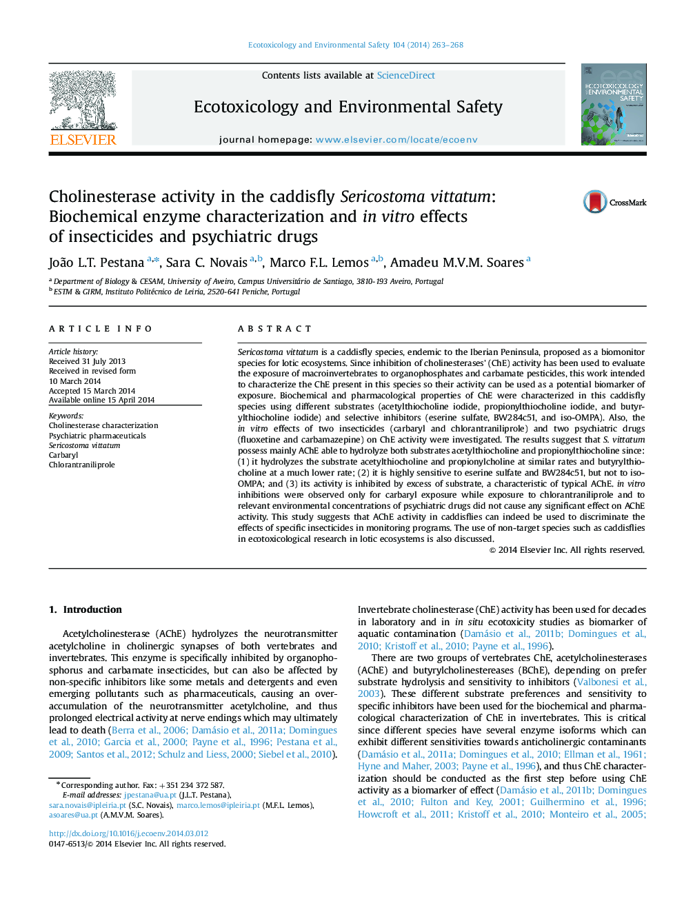 Cholinesterase activity in the caddisfly Sericostoma vittatum: Biochemical enzyme characterization and in vitro effects of insecticides and psychiatric drugs
