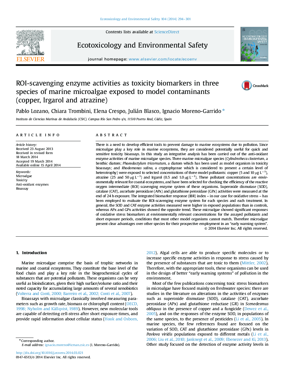 ROI-scavenging enzyme activities as toxicity biomarkers in three species of marine microalgae exposed to model contaminants (copper, Irgarol and atrazine)