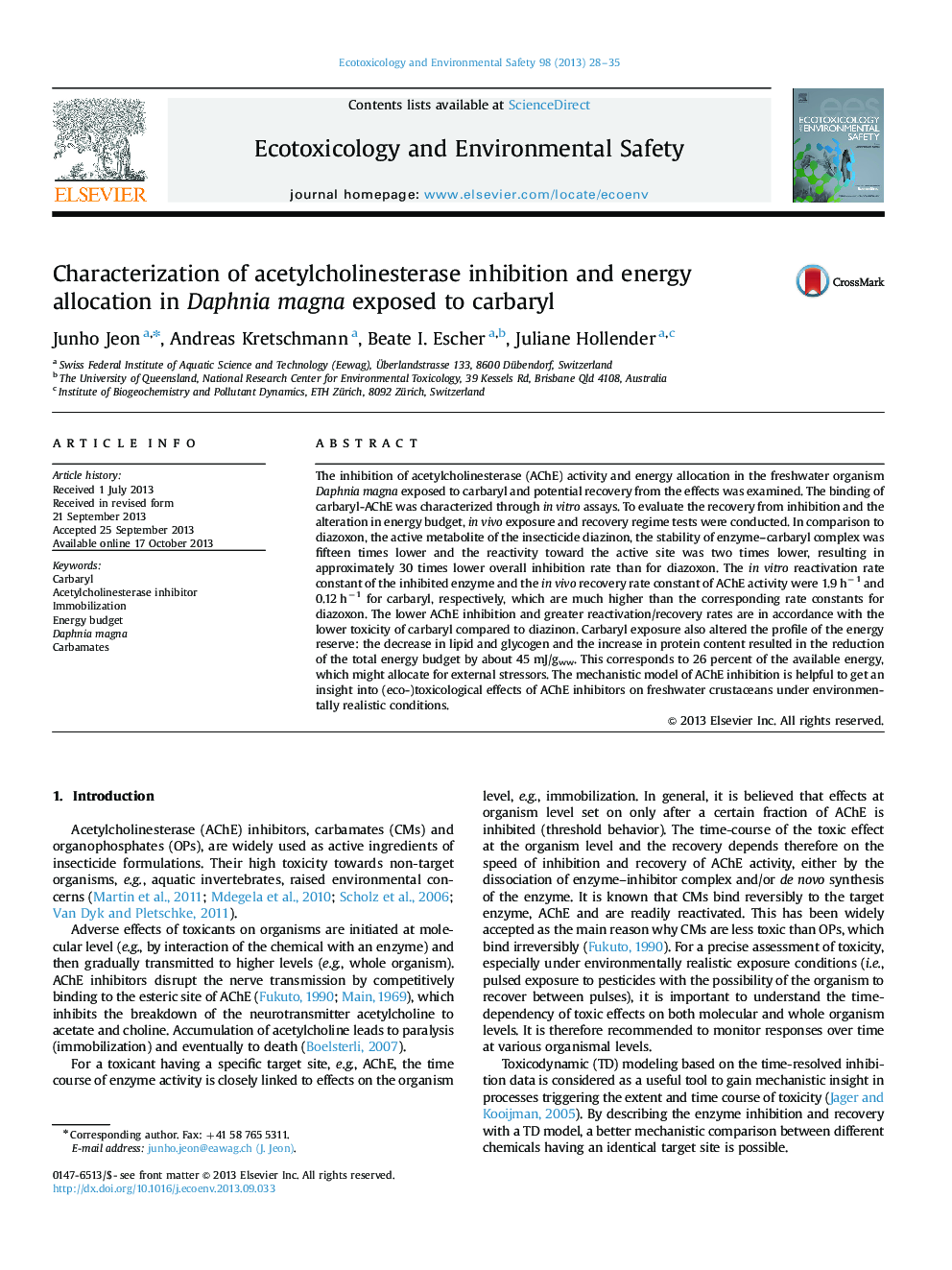Characterization of acetylcholinesterase inhibition and energy allocation in Daphnia magna exposed to carbaryl