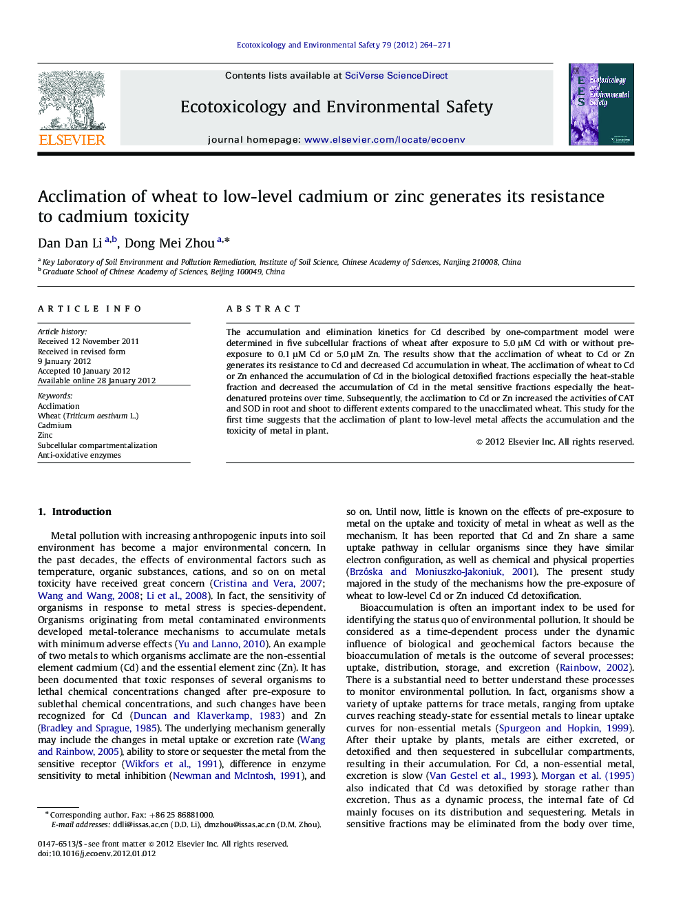 Acclimation of wheat to low-level cadmium or zinc generates its resistance to cadmium toxicity
