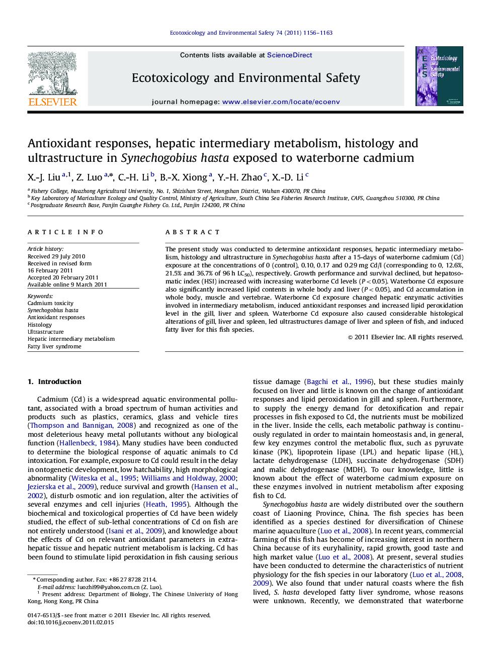 Antioxidant responses, hepatic intermediary metabolism, histology and ultrastructure in Synechogobius hasta exposed to waterborne cadmium