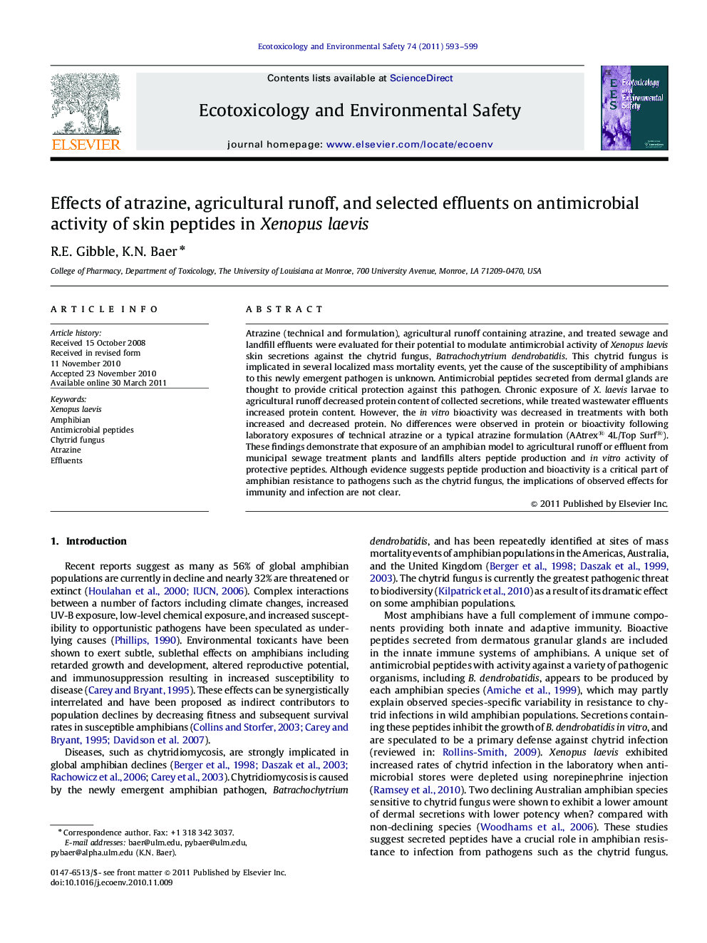 Effects of atrazine, agricultural runoff, and selected effluents on antimicrobial activity of skin peptides in Xenopus laevis