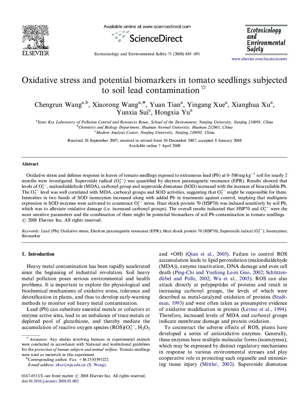 Oxidative stress and potential biomarkers in tomato seedlings subjected to soil lead contamination 