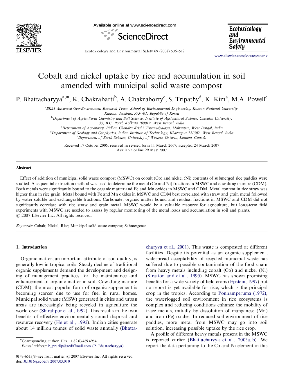 Cobalt and nickel uptake by rice and accumulation in soil amended with municipal solid waste compost