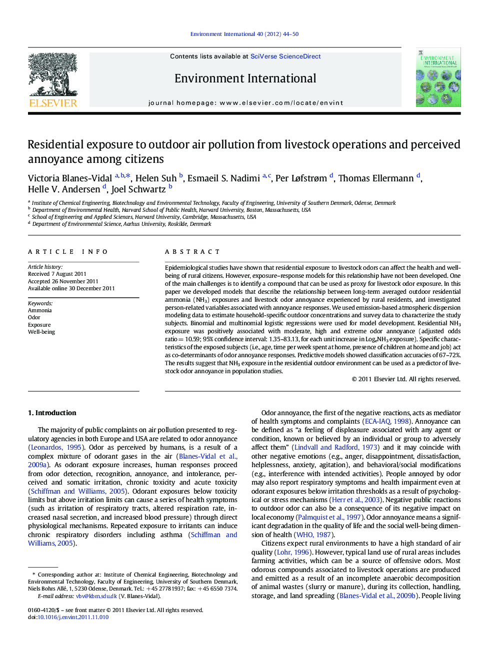 Residential exposure to outdoor air pollution from livestock operations and perceived annoyance among citizens