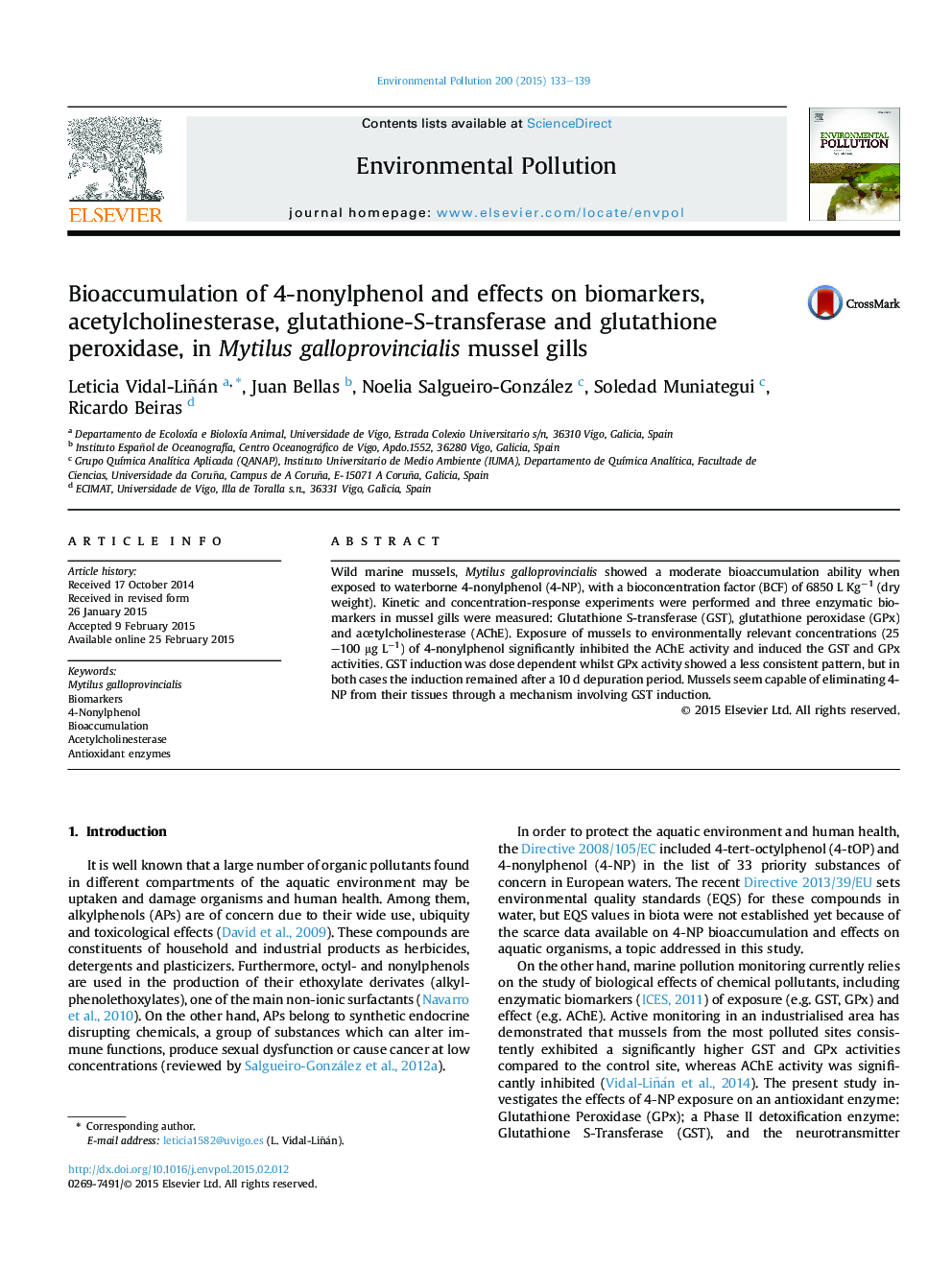 Bioaccumulation of 4-nonylphenol and effects on biomarkers, acetylcholinesterase, glutathione-S-transferase and glutathione peroxidase, in Mytilus galloprovincialis mussel gills