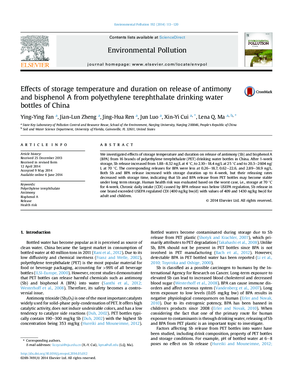 Effects of storage temperature and duration on release of antimony and bisphenol A from polyethylene terephthalate drinking water bottles of China