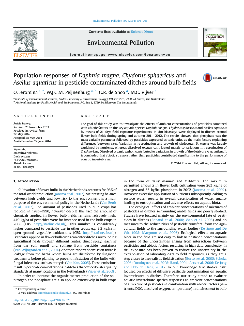 Population responses of Daphnia magna, Chydorus sphaericus and Asellus aquaticus in pesticide contaminated ditches around bulb fields