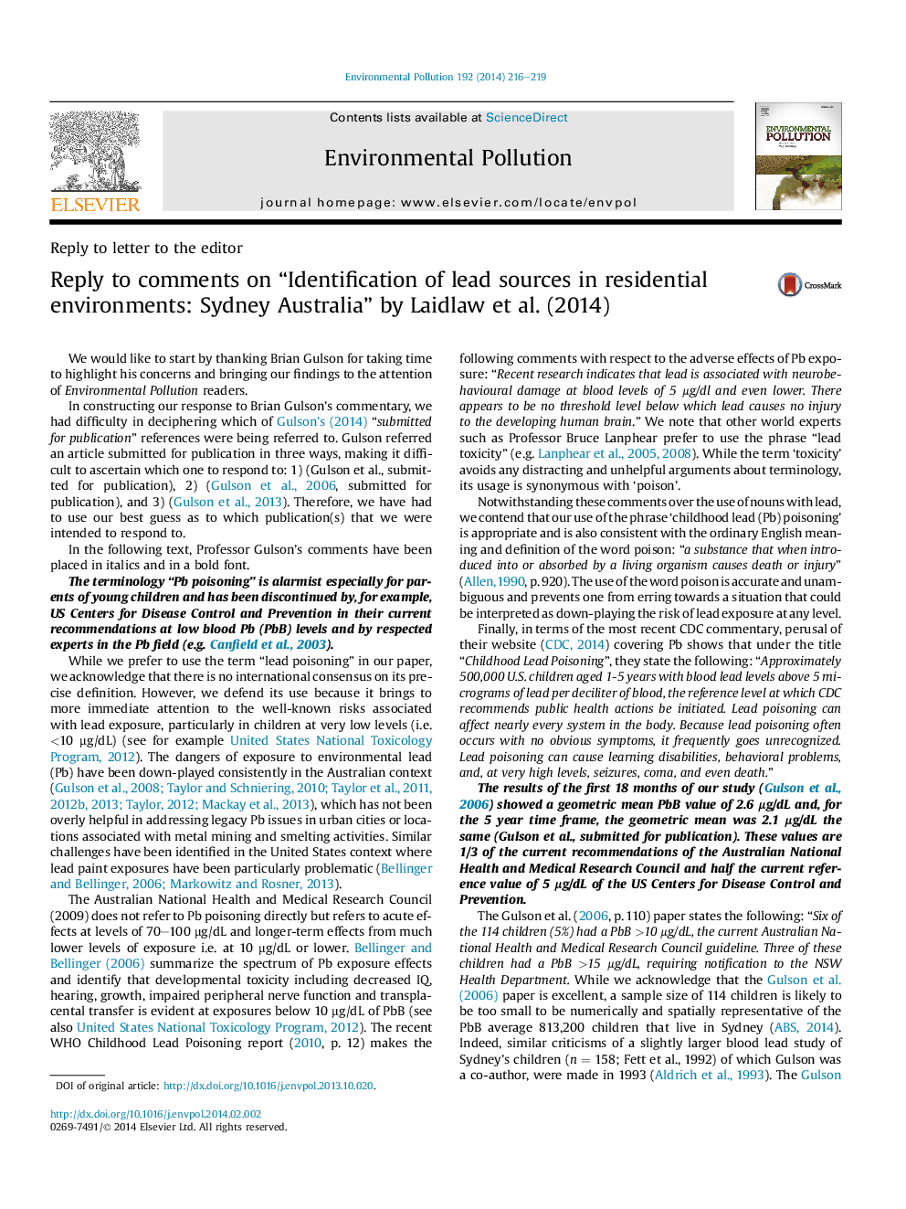 Reply to comments on “Identification of lead sources in residential environments: Sydney Australia” by Laidlaw et al. (2014)