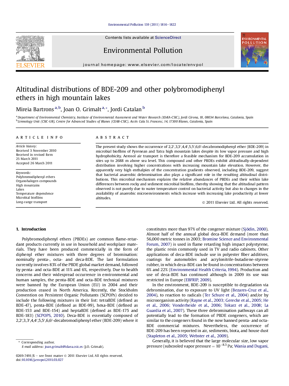 Altitudinal distributions of BDE-209 and other polybromodiphenyl ethers in high mountain lakes