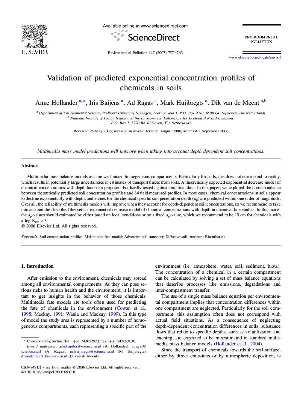 Validation of predicted exponential concentration profiles of chemicals in soils