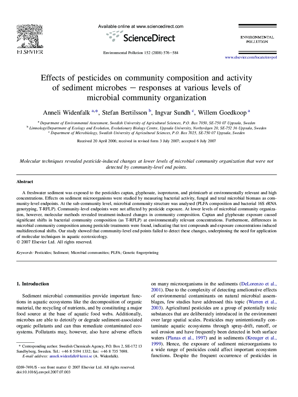 Effects of pesticides on community composition and activity of sediment microbes – responses at various levels of microbial community organization