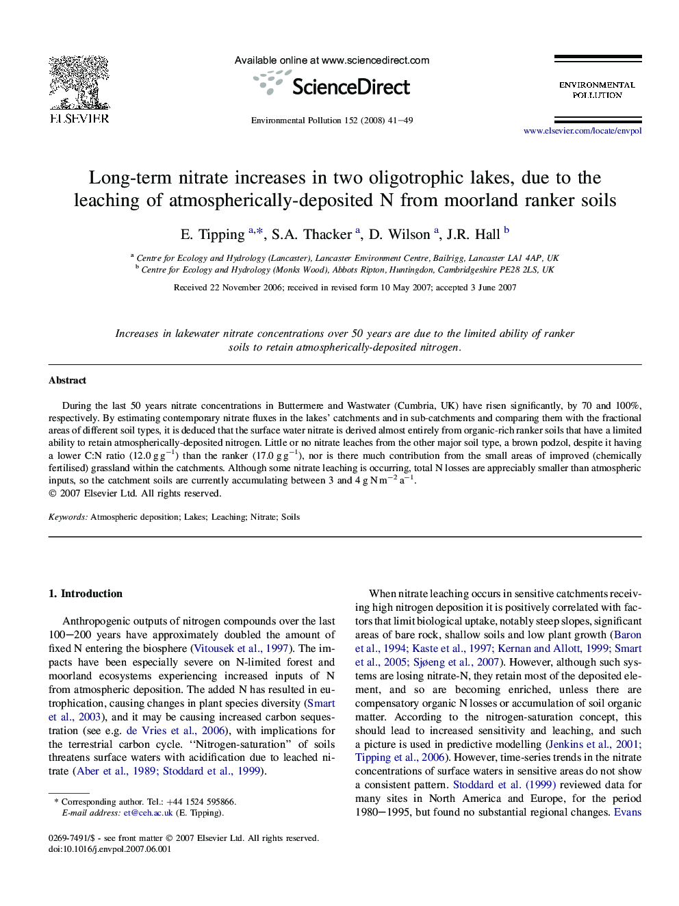 Long-term nitrate increases in two oligotrophic lakes, due to the leaching of atmospherically-deposited N from moorland ranker soils