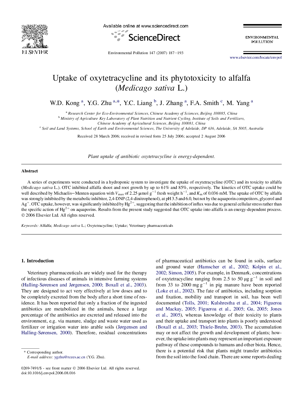 Uptake of oxytetracycline and its phytotoxicity to alfalfa (Medicago sativa L.)