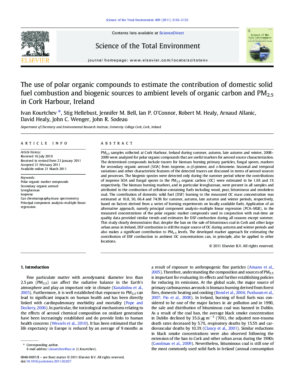 The use of polar organic compounds to estimate the contribution of domestic solid fuel combustion and biogenic sources to ambient levels of organic carbon and PM2.5 in Cork Harbour, Ireland
