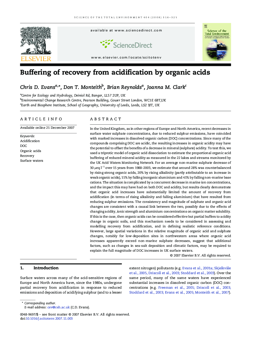 Buffering of recovery from acidification by organic acids