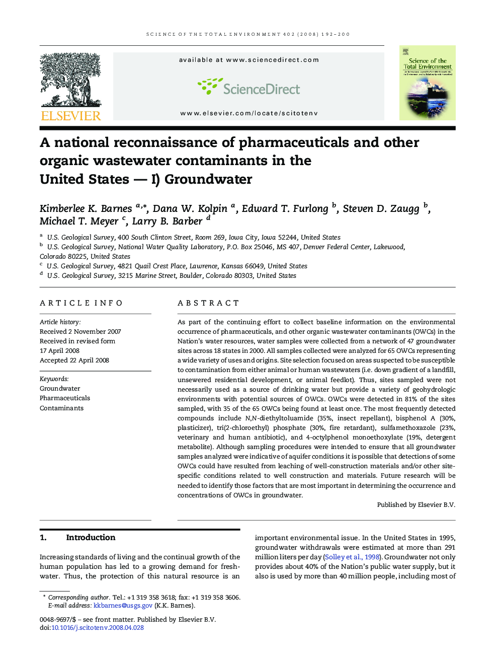 A national reconnaissance of pharmaceuticals and other organic wastewater contaminants in the United States — I) Groundwater