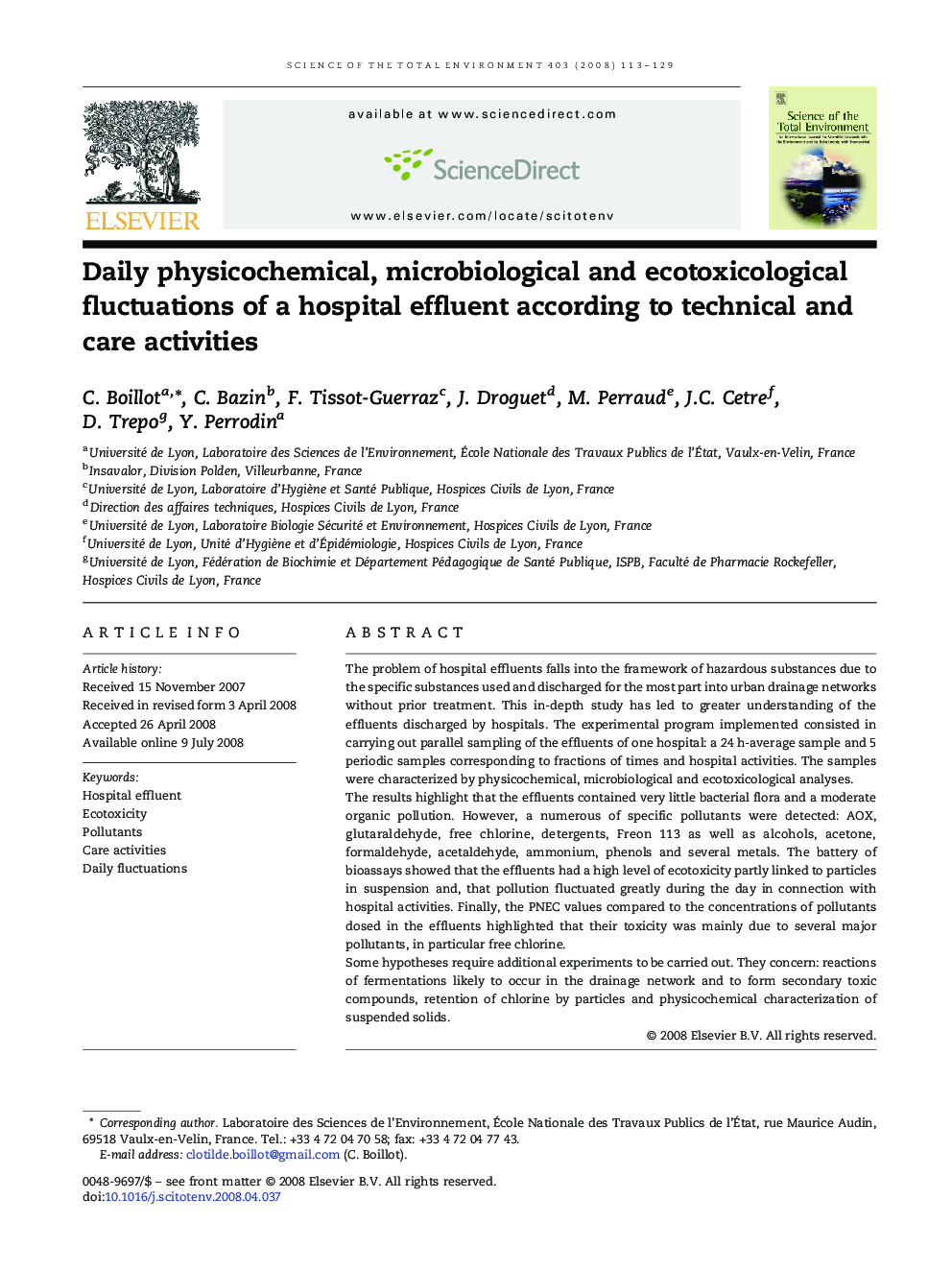 Daily physicochemical, microbiological and ecotoxicological fluctuations of a hospital effluent according to technical and care activities
