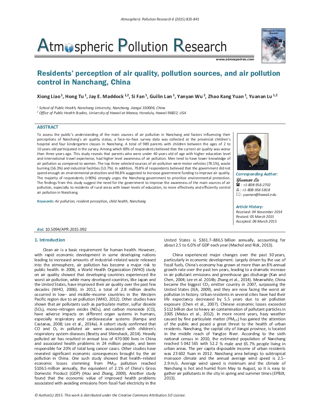 Residents’ perception of air quality, pollution sources, and air pollution control in Nanchang, China